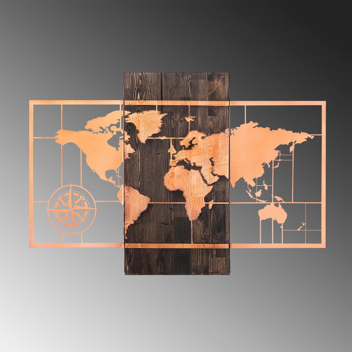 Wallity World Map With Compass - Cobre y Nogal